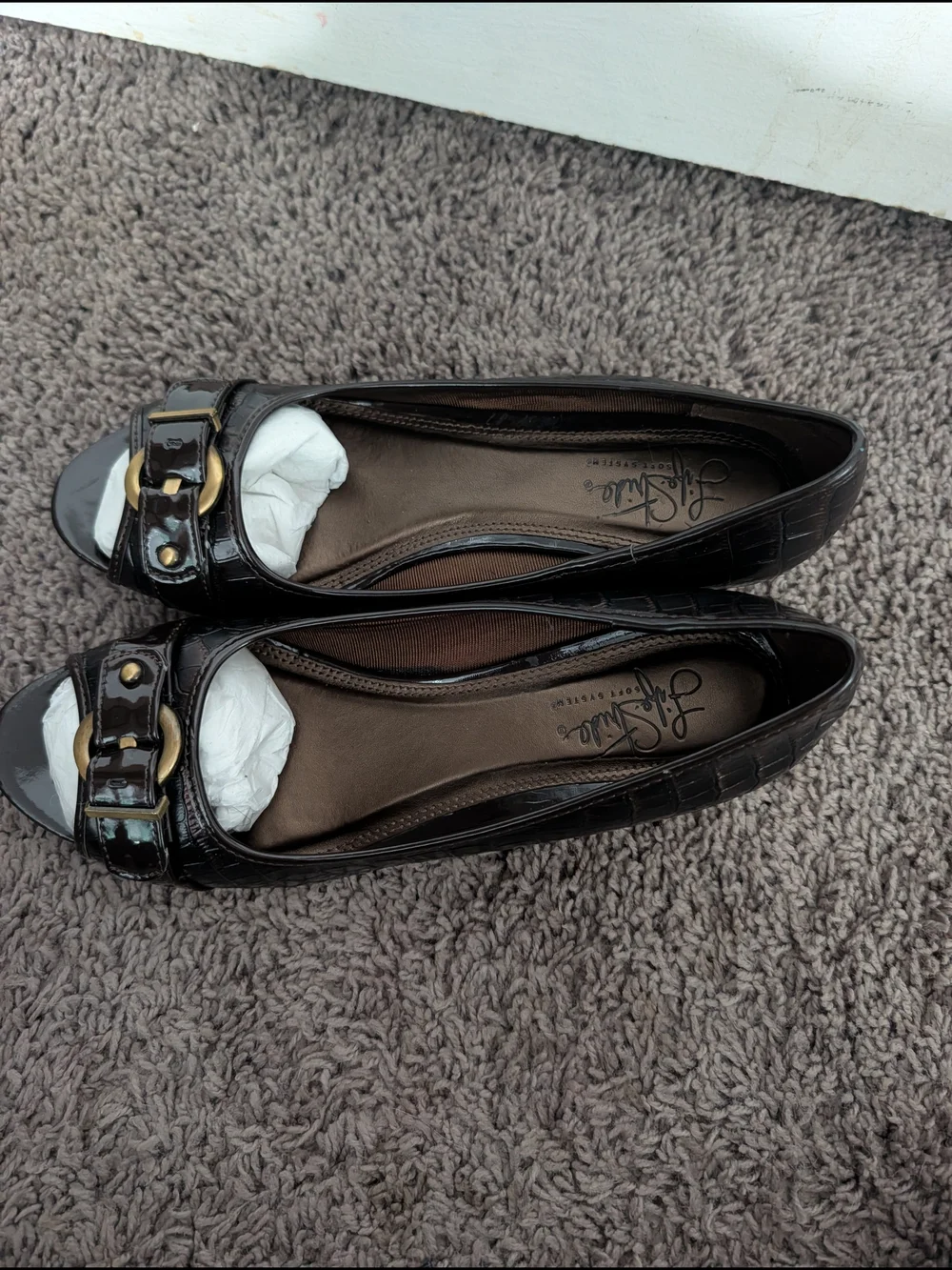 Life Stride Women's Dark Brown Patent Wedge Flats with Gold Accent